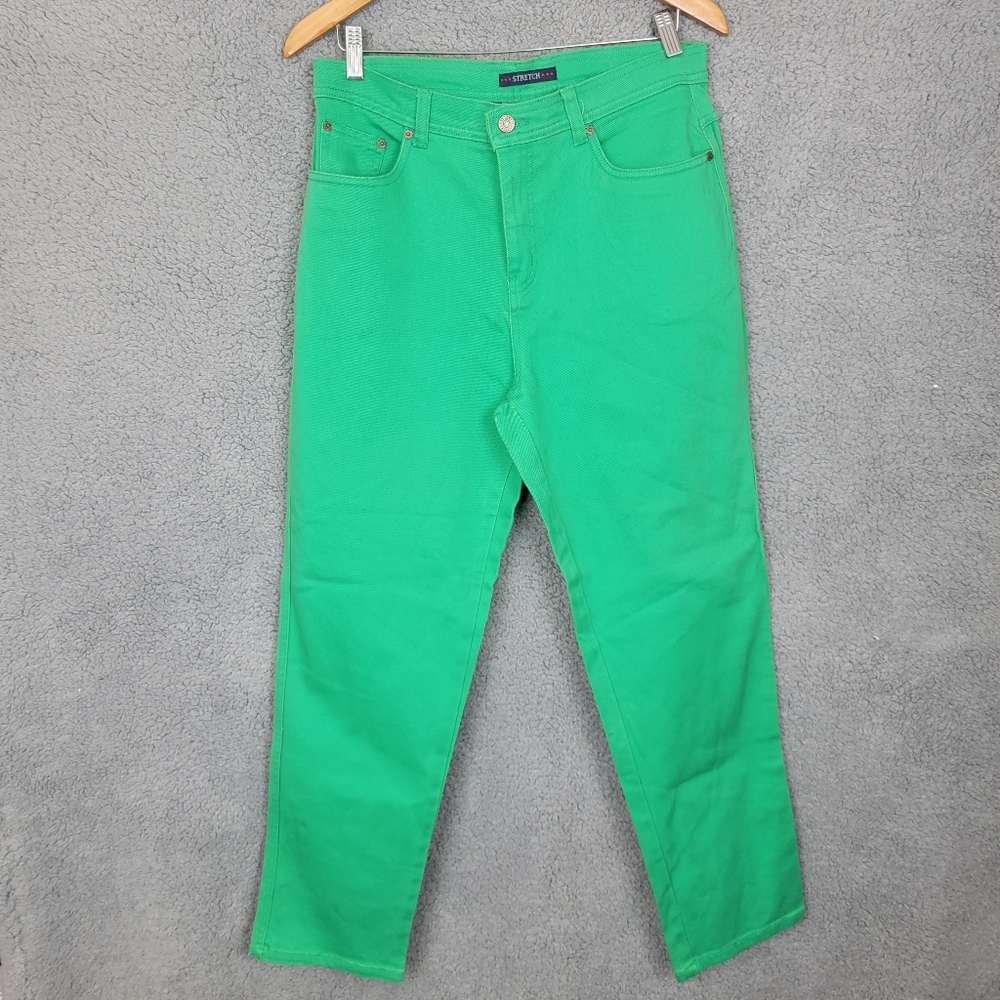 Bill Blass Jeans Size 10 Short Inseam Green Denim stretch 98% Cotton ,2% Lycra.